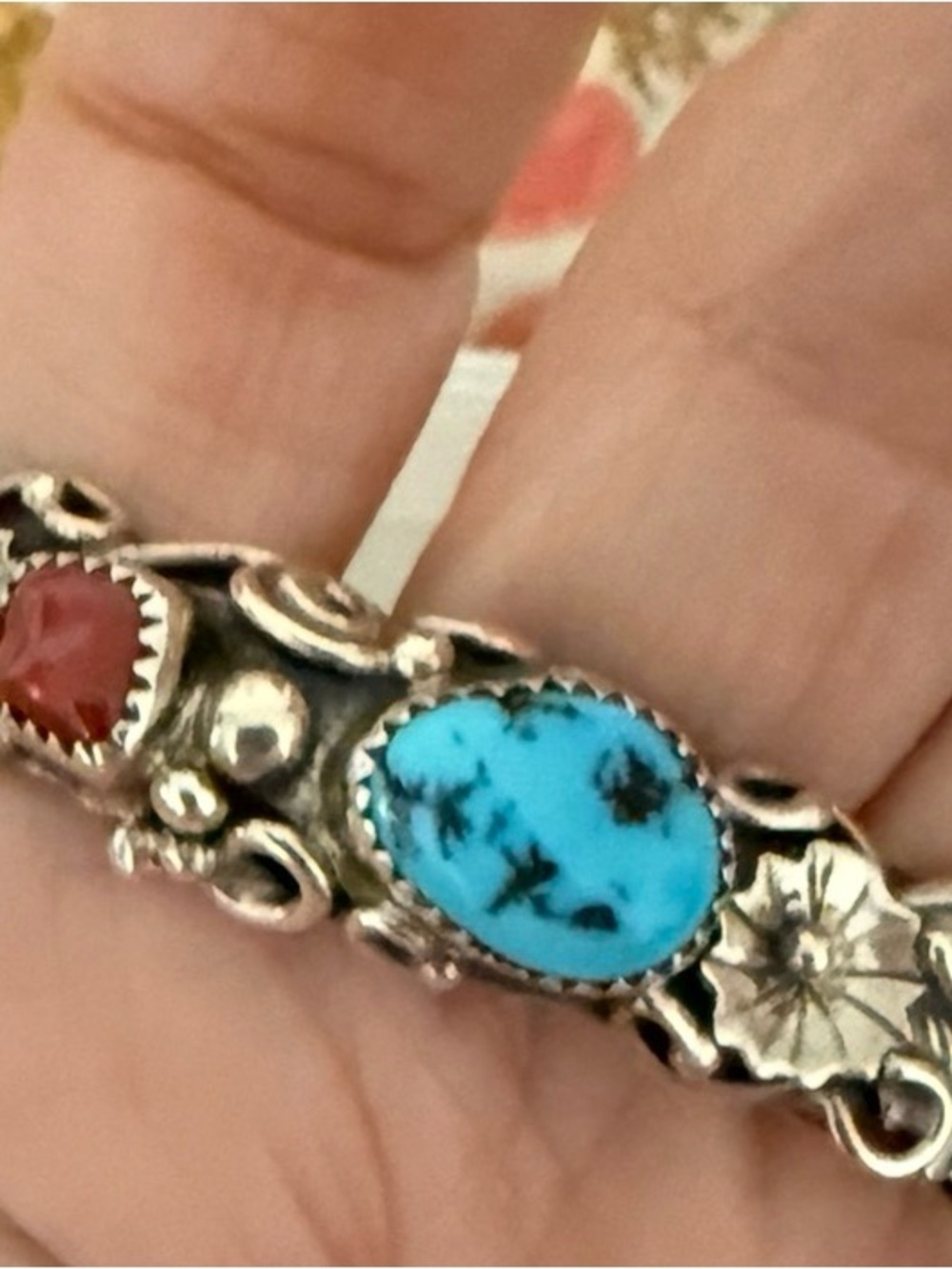 Native Sterling Silver genuine Turquoise and Coral Floral Bracelet/ cuff